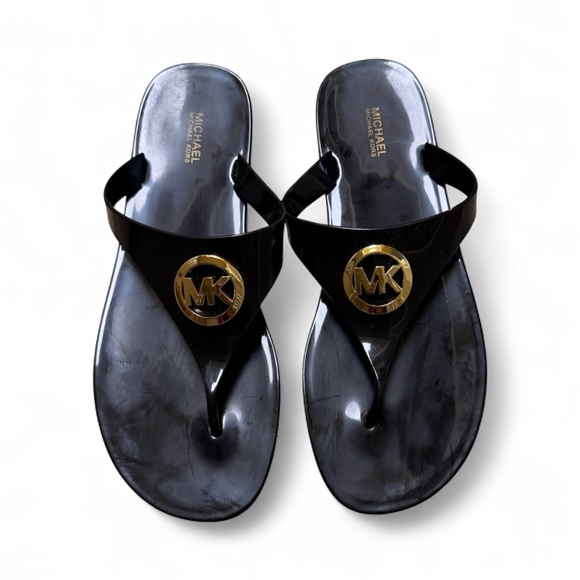 Michael Kors Women’s Sandals 11M Black Patent Logo Flip Flops - Picture 1 of 3